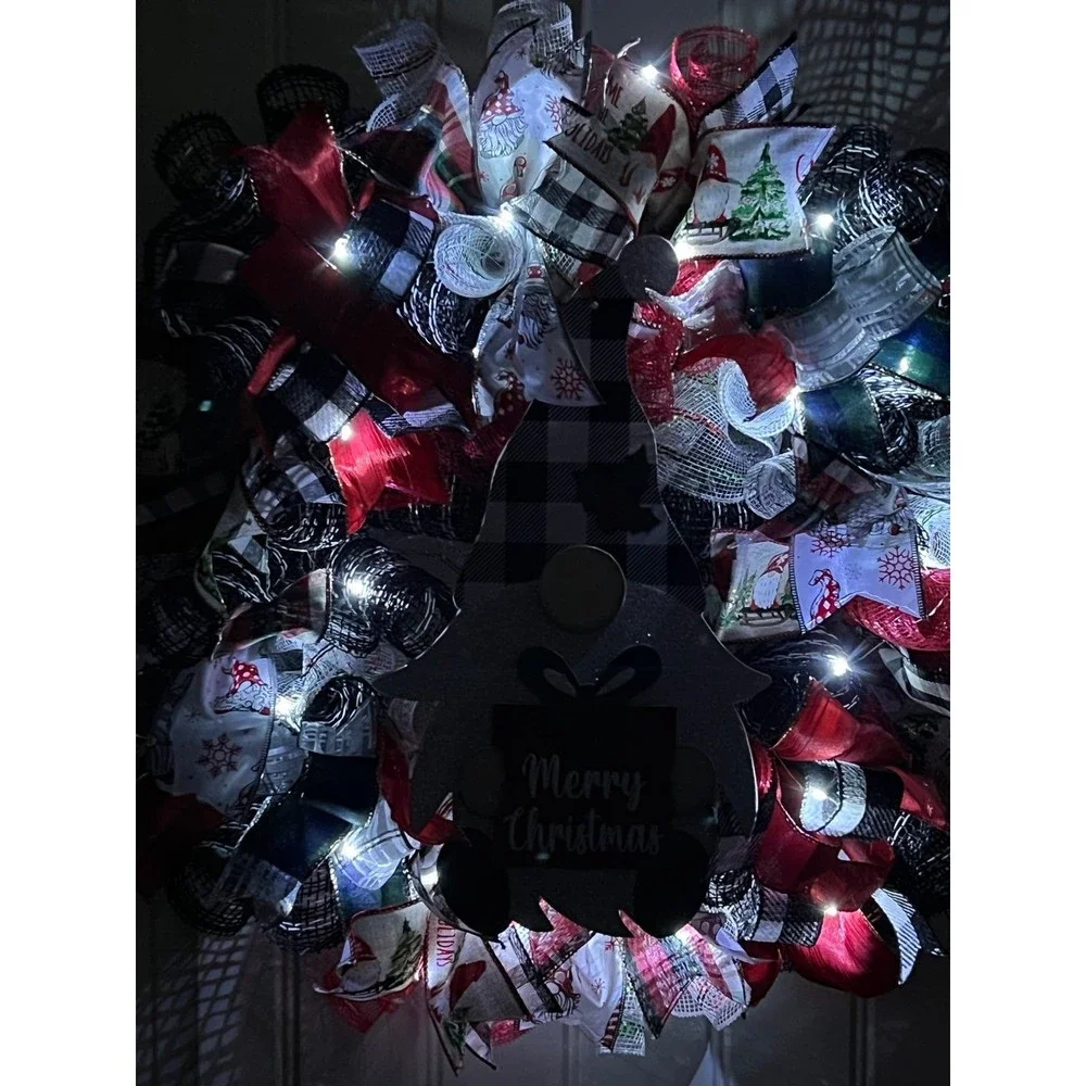 Handmade Merry Christmas Gnome Holiday Ribbon Door Wreath 22 ins W48